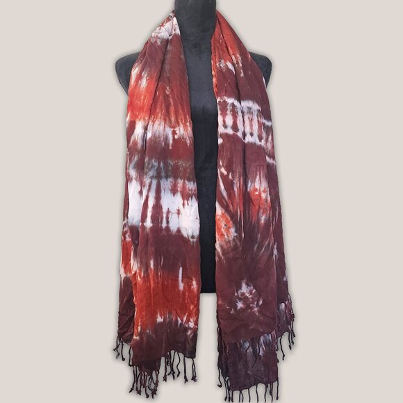 NWT Elden Tie Dye Scarf Rust Burgundy Fringe Wrap Southwest Rayon 44x72 - Picture 2 of 4